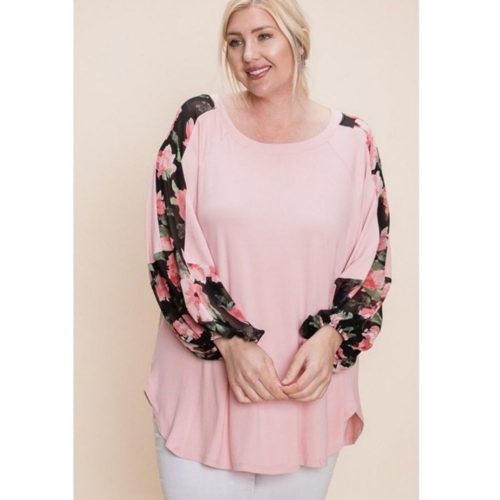 Pink Plus Size Top With Floral Sleeves - Picture 5 of 5